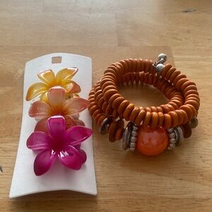 Colorful bundle 3 Flower Hair Clips NWT & Orange Beaded wrap Bracelet Set